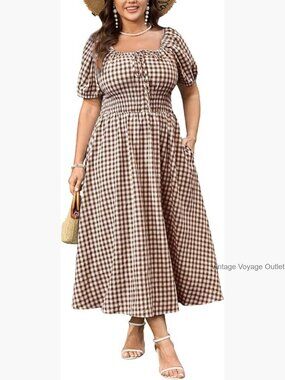 Plus Size Maxi Dress Square Neck Short Sleeve Tie Front Casual Summer Dress